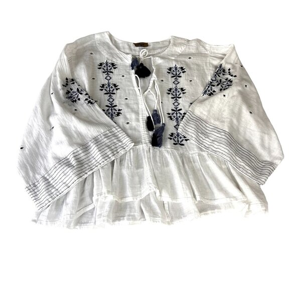 Jorja Long Sleeve Top Blouse Plus Size White Blue Boho Style 2X Tassel - Picture 3 of 14